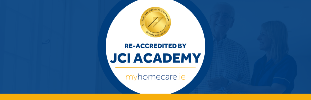 JCI accreddited to Myhomecare for 3rd time. Navy background with gold JCI and myhomecare logos
